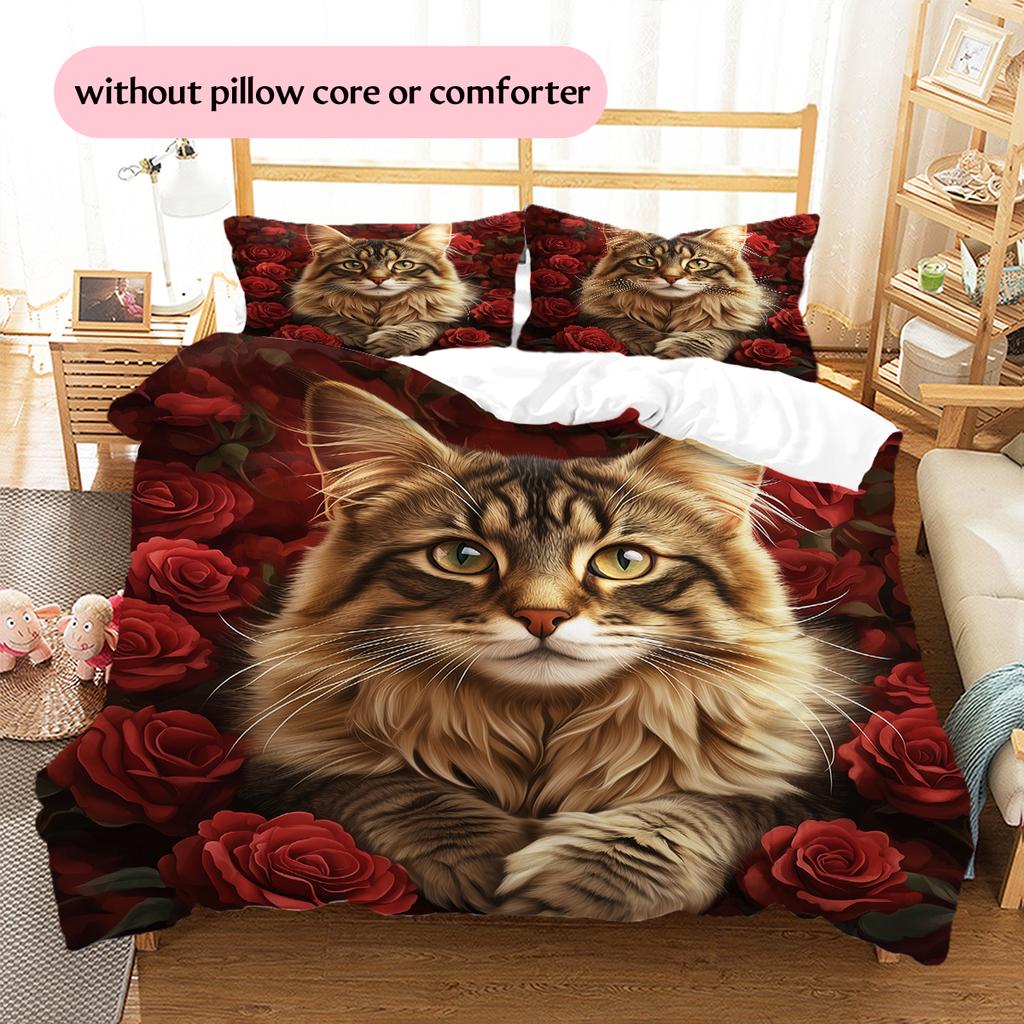 Maine Coon and Rose Pattern Bedding Home Decoration Birthday Gift (1 * duvet cover + 2 * pillowcase, without core)