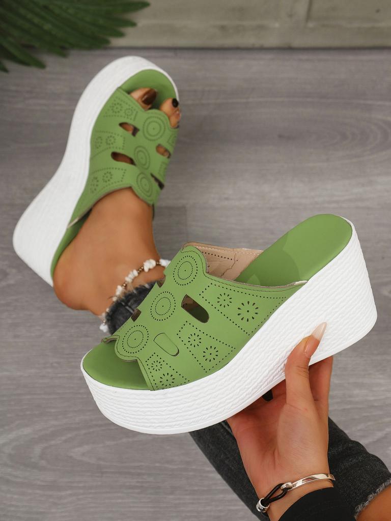 Summer New Slope Heel Thick Bottom Hollow Out Women's Slippers Fashion Versatile Women's High Heels Slippers Casual Slippers