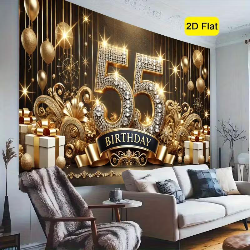 Sfondo 2D per 55° Compleanno, Elegante Banner Decorazione Murale per Festa Nero Oro Diamante