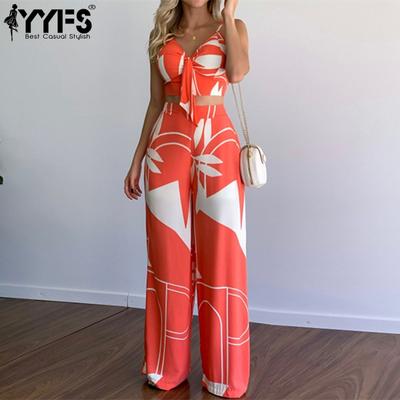 Kadın Moda Rahat Yaz Bahar Yaprak Baskı Kolsuz Jartiyer V Yaka Pantolon Pantolon Takım Elbise