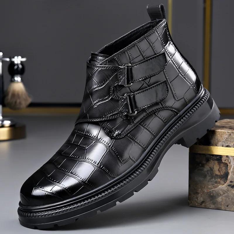 Autumn Winter Buckle Designer Ankle Boots for Men Stone Pattern Leather Shoes Male Fashion Casual British Style Chelsea Boot Man