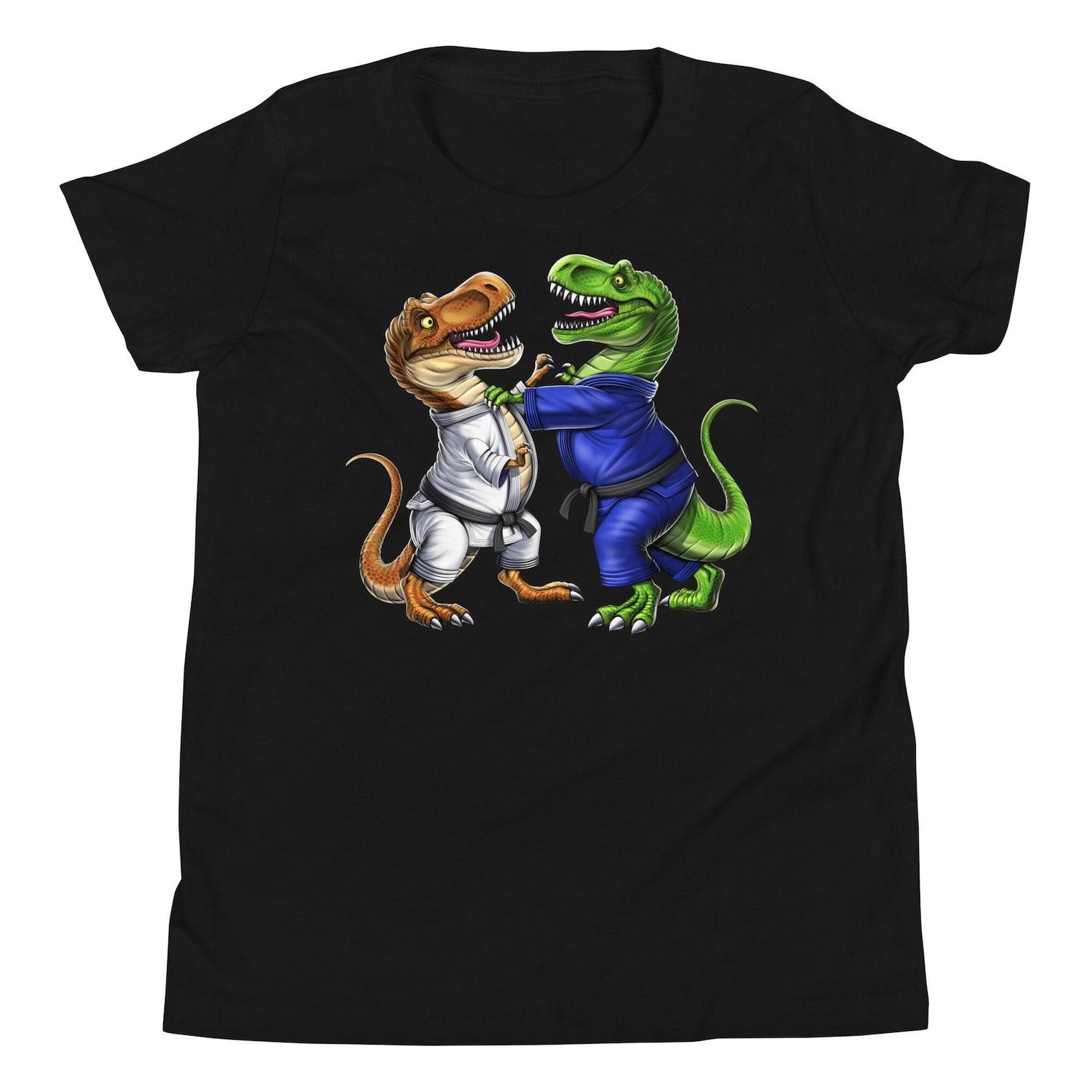 T-Rex Dinosaur Jiu-Jitsu Kids T-Shirt, Brazilian Jiu-Jitsu Boys Tee, Judo Wrestling Tee, Martial Arts Shirt, BJJ Clothing, Jiu-Jitsu Clothes 160