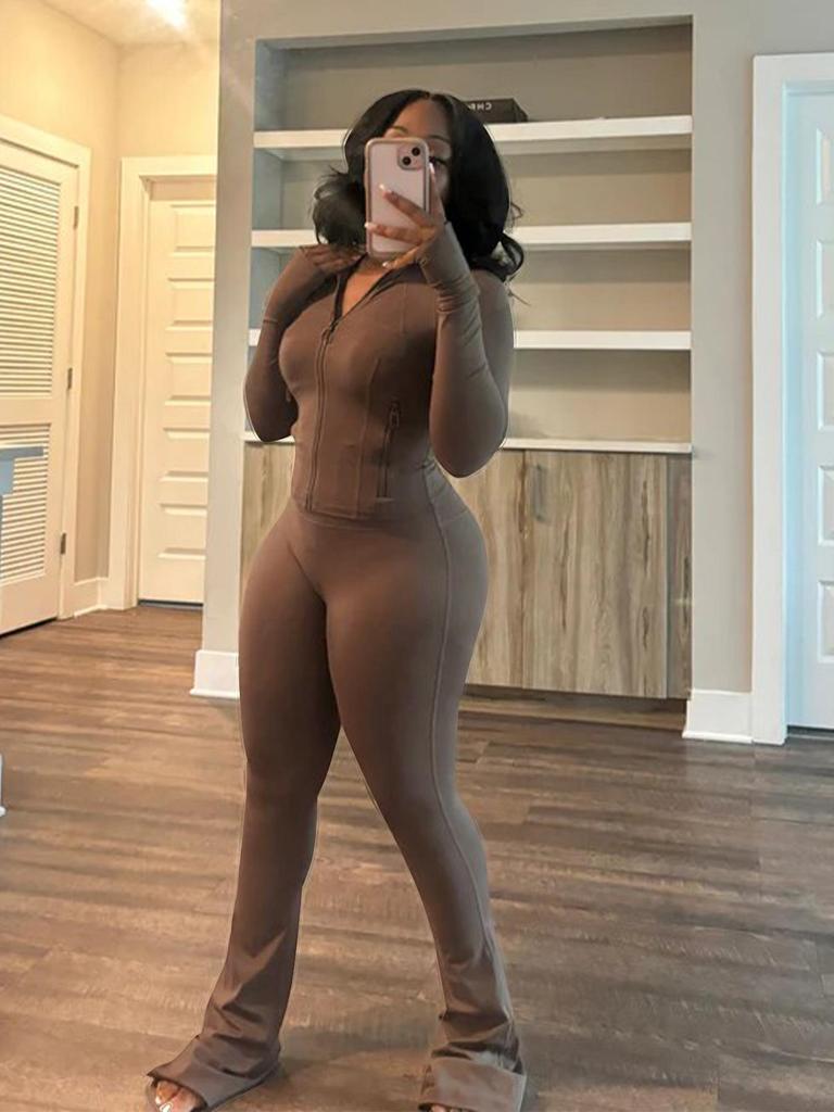 Spring/Summer 2025 Women's Sexy Two-Piece Set: Tight Long Sleeve Top and Bell Bottom Pants - Sporty and Casual