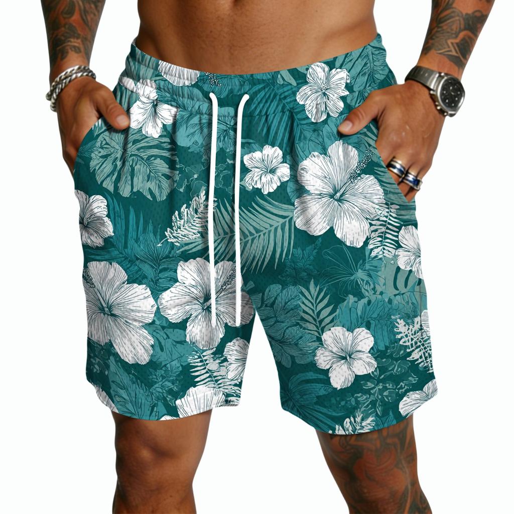 Men's Casual Drawstring Shorts Lightweight Quick Dry Five Inch Inseam Hawaiian Print Beachwear Swim Trunks with Elastic Waistband