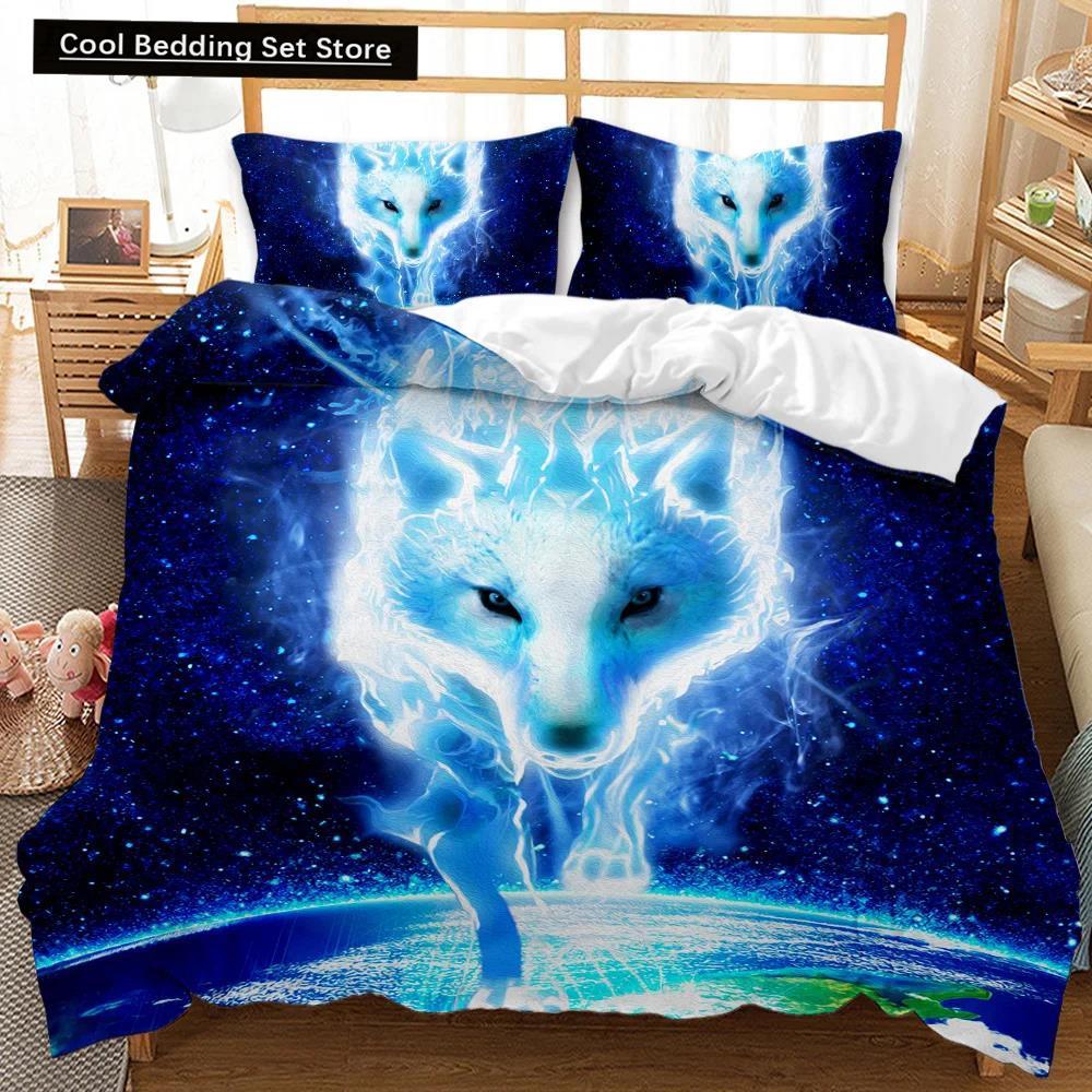 Comforter Wolf Animal Pattern Bedding Set Cool Wildlife Comforter Kids Glitter Blue Wild Wolf Polyester Qulit