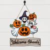Frohes Halloween Türschild für Haustür, Hängendes Holzschild mit Geist und Kürbis, Gruseliger Willkommenskranz für Baum, Tür, Wand, Partyzubehör