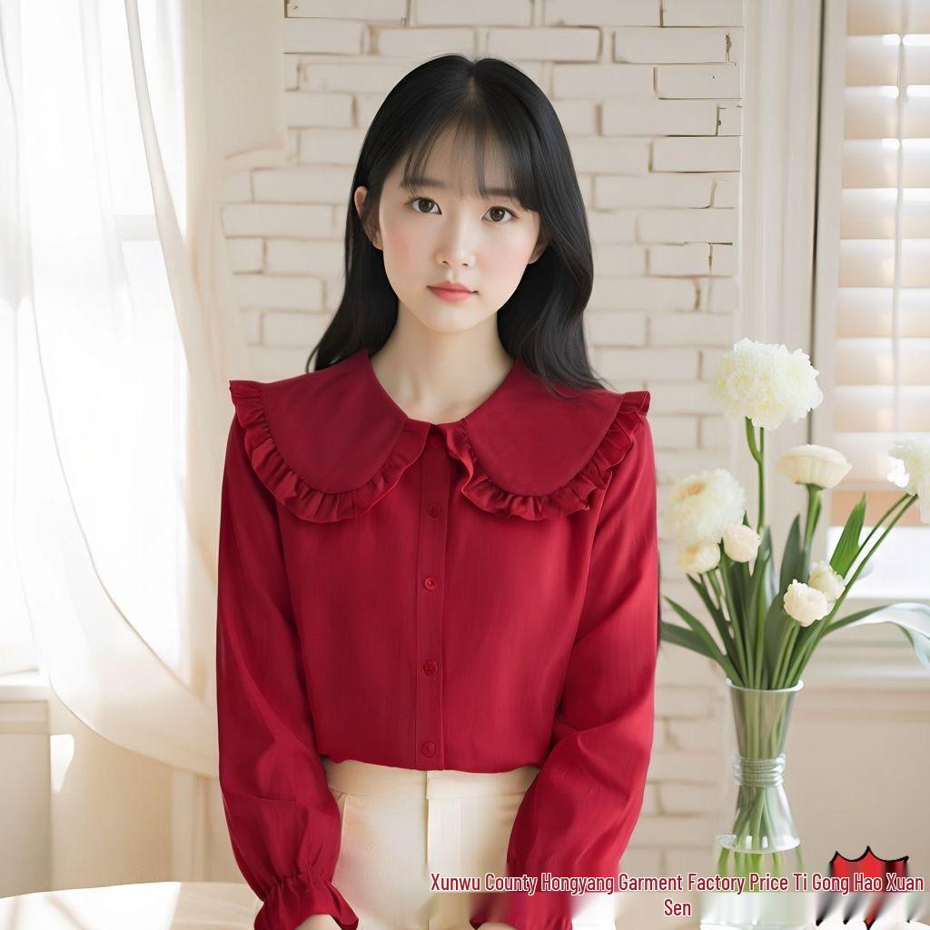 Wine Red Loose Fit Doll Collar Shirt - Korean Style Long Sleeve for Women, Cute and Sweet Spring Top.