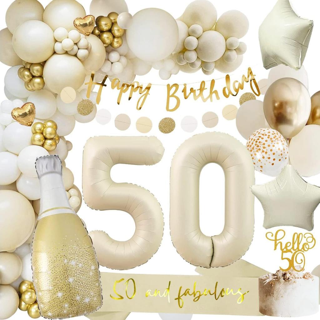 32-Inch Milky White Birthday Balloon Set, Wind Birthday Party Decoration Photo Rice Gold Aluminum Film Balloon