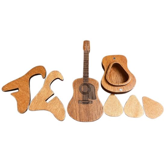 Hölzerne Gitarrenplektrumbox mit Ständer, Gitarrenplektrum-Präsentationsbox mit 3 Gitarrenplektren, Aufbewahrungskoffer für Schreibtischplektren, Geschenk für Gitarristen