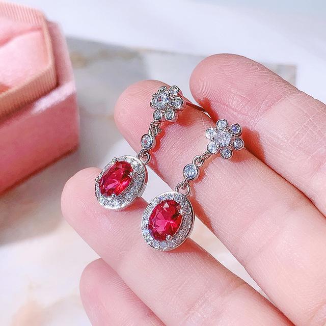 Fashion Temperament Water Drop Red Corundum Gemstone Color Treasure Earrings Female S925 Silver Ornaments Mother's Day Gift