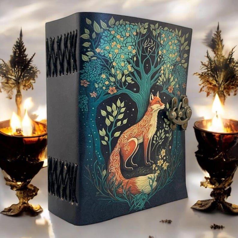 200 Page Large Fox Vintage Handmade leather Journal, Grimoire Fat journal Blank spell book of shadows Celestial Christmas Gifts For Him Her