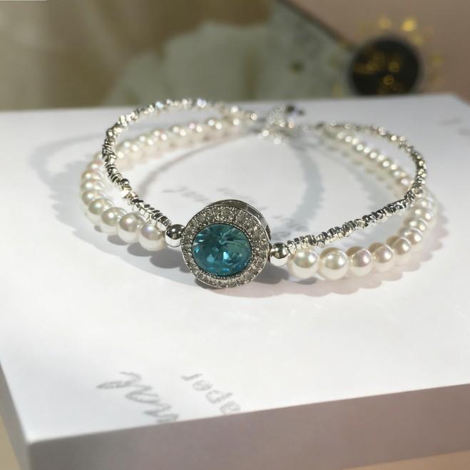 New sea blue pearl and silver double-layer bracelet for women, cat-eye casual style, gift for girls and best friends, live stream jewelry