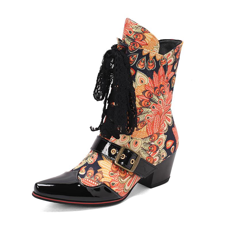 2025 Plus Size Peacock Printed Floral Fabric Patchwork Patent Leather Lace Up Women's Short Boots Belt Buckle Flower Ankle Boots