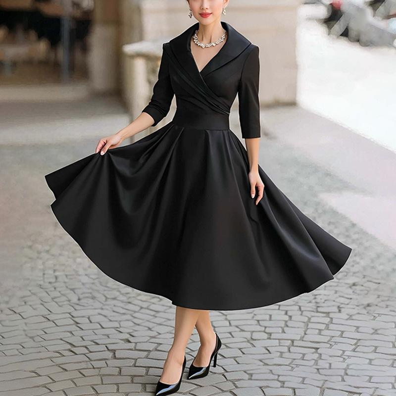 

Women s clothing, new spring models in Europe and the United States, elegant temperament V-neck waist pendulum dress dress S чёрный