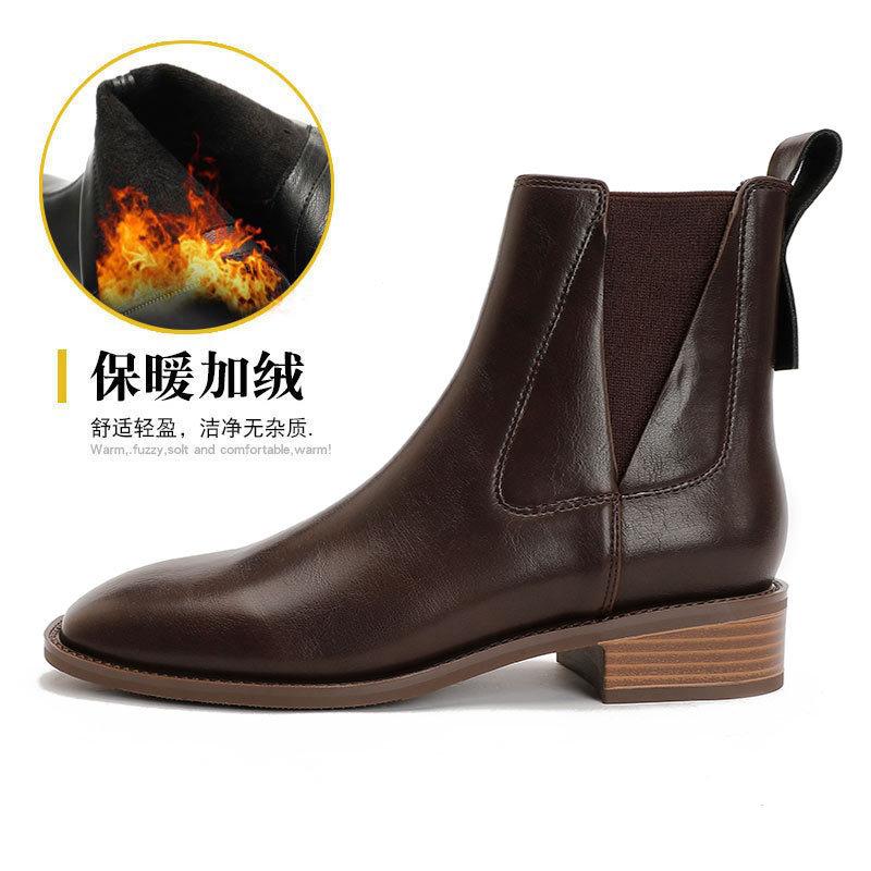 French Square Head Small Short Boots Thick Heel Elastic Boots 2025 New Autumn and Winter Low Heel Leather Boots Brown Thin Medium Boots