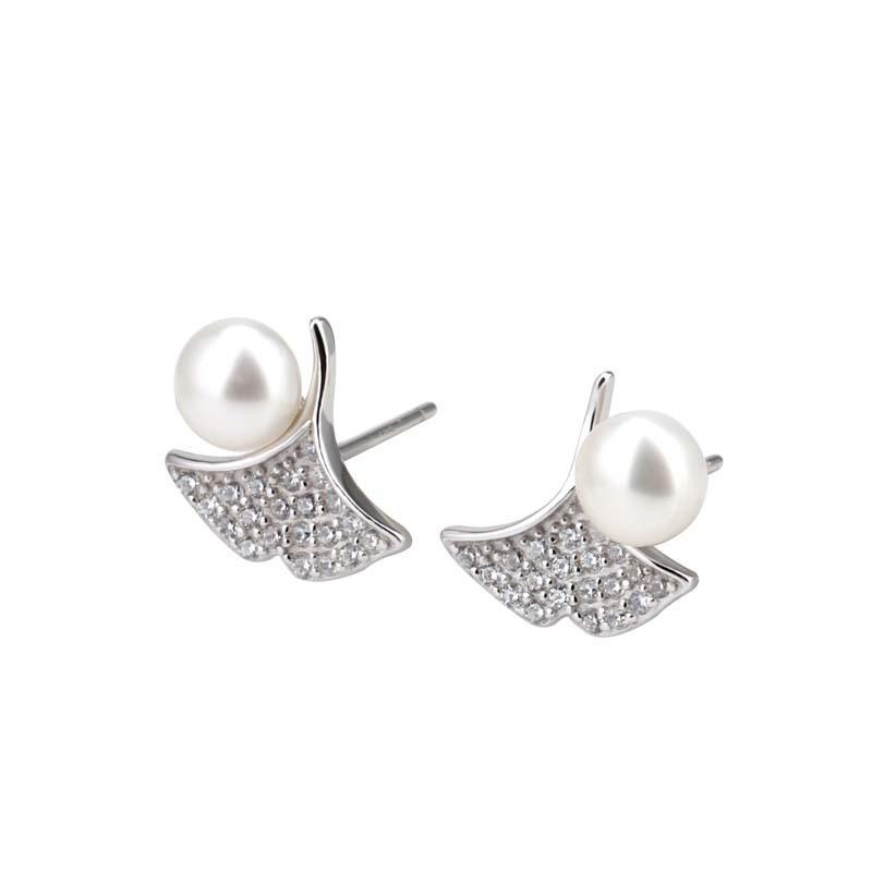 Beixi S925 Sterling Silver Ginkgo Leaf Diamond & Pearl Stud Earrings - Elegant & Fashionable Women's Jewelry