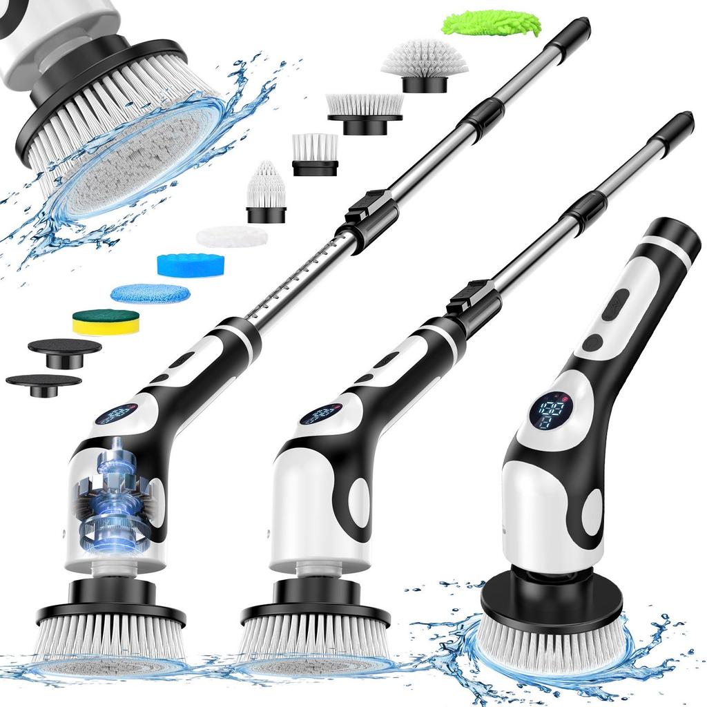 Multifunctional Wireless Electric Cleaning Brush with Digital Display, Voice Prompts, Long Handle, and IPX6 Waterproof.