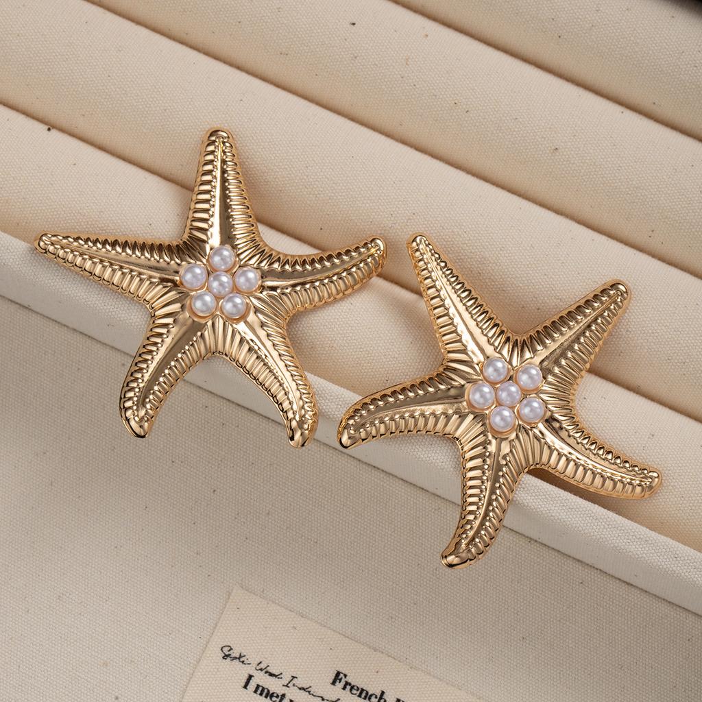 Glam Zircon Starfish Stud Earrings Exaggerated Metal Retro Design Big Piercing Earring Party Zircon Fashion Women's Accessories