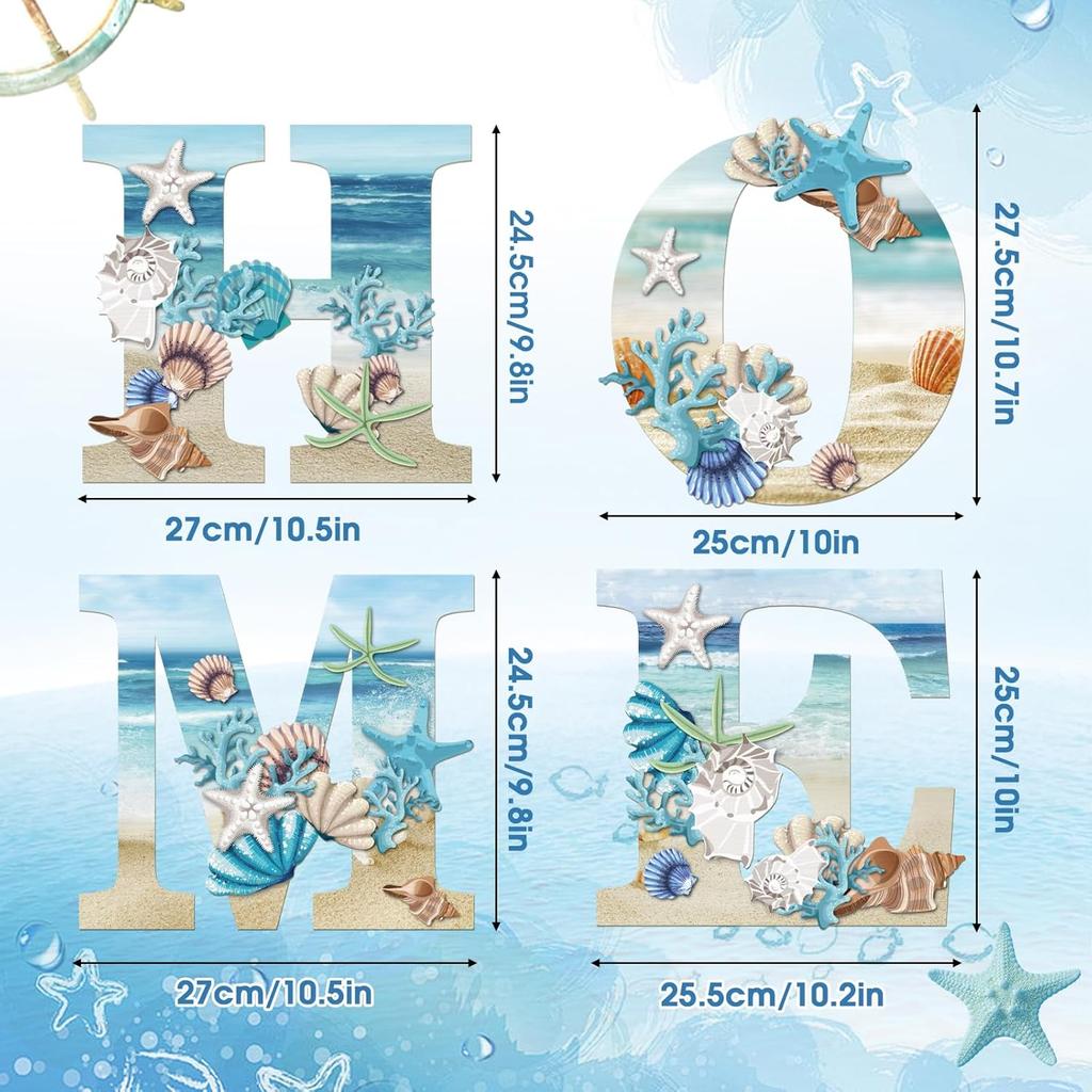 4 Pcs Wood Home Sign Coastal Beach Wall Decor Beach Style Signs Blue Starfish and Shell Wall Decor Beach Theme Sign for Home Letters Hanging Wall