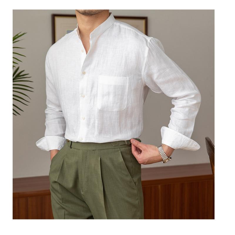 Men Linen Blend Mandarin Collar Long Sleeve Shirt Casual Breathable Lightweight Spring Autumn Shirt