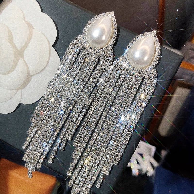 Super Flash Luxury Long Tassel Earrings Bridal Wedding Dress Banquet Dress Earrings Classy Sense