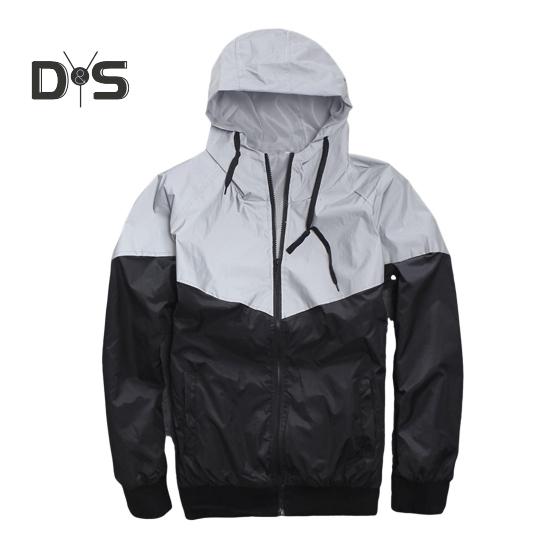 Men Autumn Windbreaker Hooded Drawstring Long Sleeve Reflective Color-Blocked Jacket Coat Zipper Placket Pockets Street Style Outwear