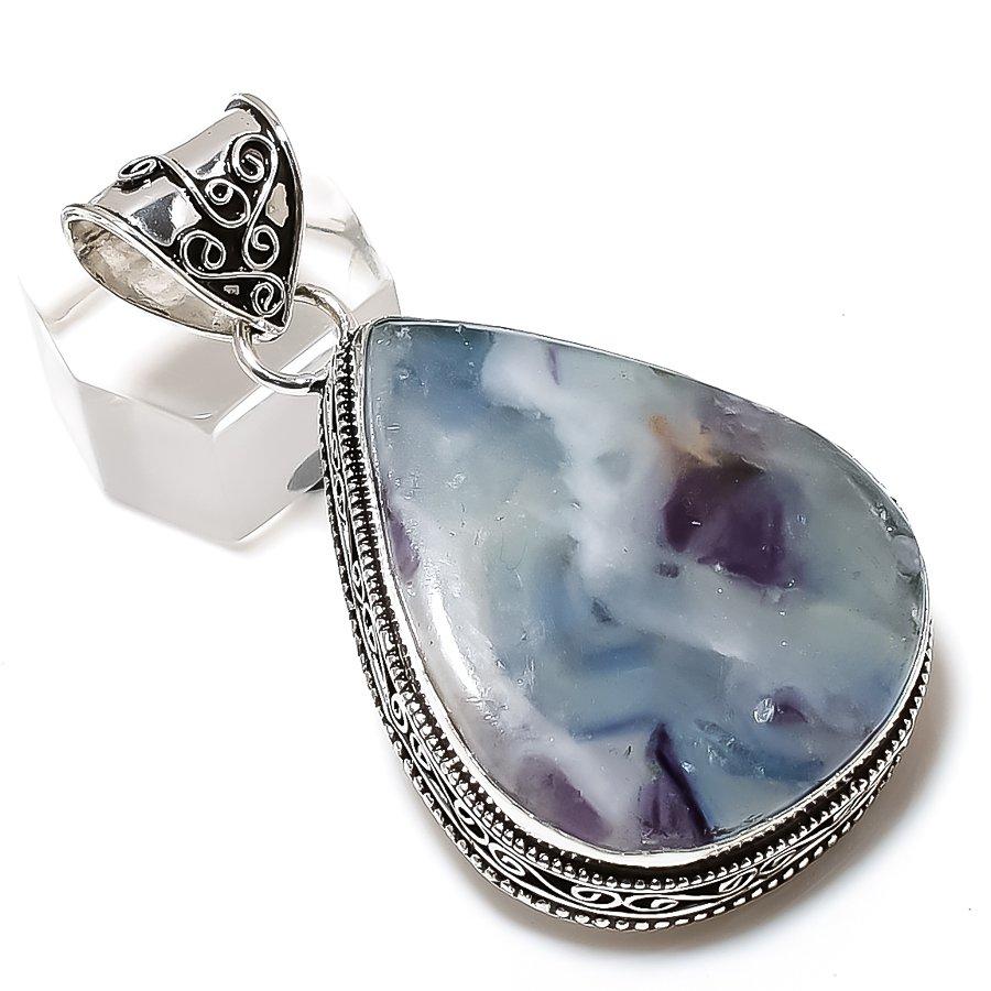 Natürlicher Fluorit-Edelstein, handgefertigt, 925er Sterlingsilber, Geschenkanhänger, 5,7 cm, Y2b89