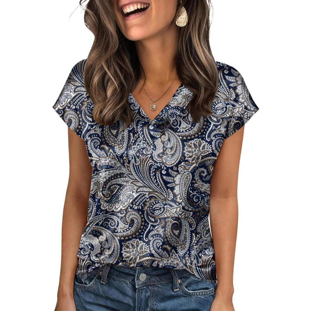 Summer, Satin Complexion, V-neck, Shirt Collar, Women's, Short Sleeved, Top, Women's Clothing