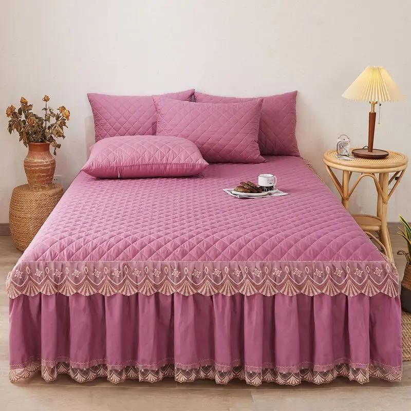 Cotton Bed Skirt Three Piece Set Thickened Anti Slip Bed Cover Lace Bed Sheet Mattress Protective Cover