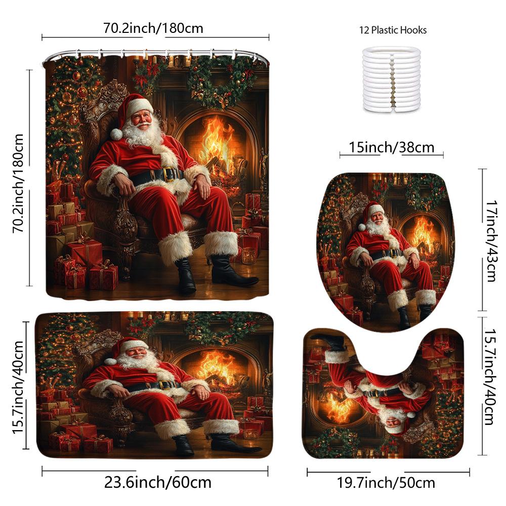 4Pcs Vintage Christmas Santa Claus Shower Curtain Set with Non-Slip Bath Mat, Toilet Lid Cover, Contour Rug & 12 Hooks, Bathroom Decor