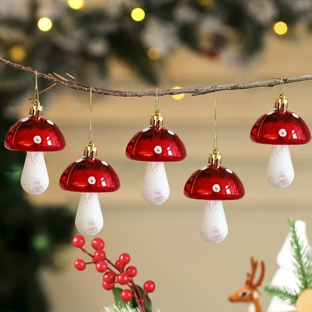 4pcs/6pcs Christmas Mushroom Hanging Decorations Red White Glossy Plastic Mushroom Ornaments with Black Dot Design, Golden Loops for Christmas Tree,