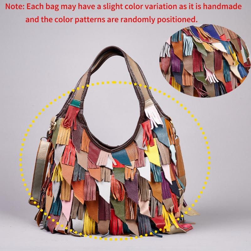 

Это дизайнерская женская одноплечевая сумка с кисточками контрастных цветов и сумка через плечо.