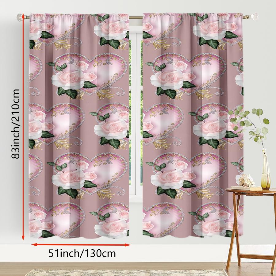 2PCS pink rose heart-shaped curtains, elegant and sweet style, bedroom and living room, decorative curtains with drawbar pockets