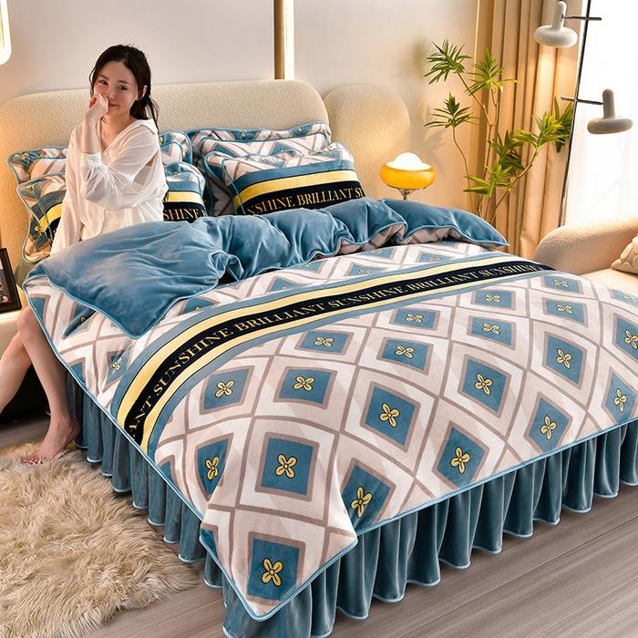 Thickened Milk Fleece Four-Piece Warm Double-Sided Coral Fleece Quilt Cover Flannel Sheet Bed Skirt Bedding
