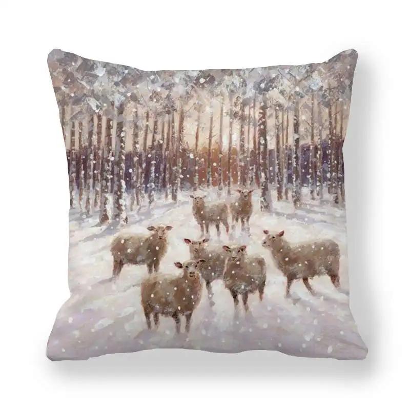 New Christmas Cushion Cover Print Robin Bird Pillow Navidad Gift Pillowcase Decoration