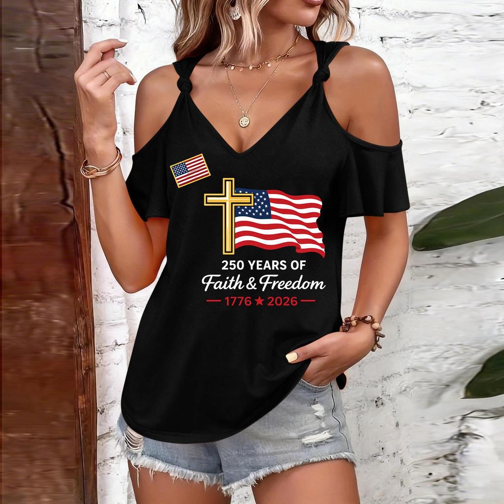 T-shirt décontracté pour femme à manches courtes et épaules dénudées avec imprimé Jour de l'Indépendance, col rond, coupe ample