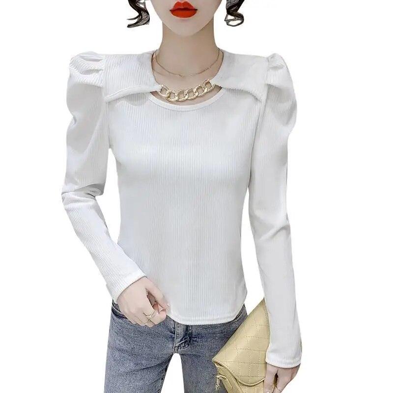 Autumn New Puff Sleeve Knitted Top White Bottoming Shirt for Women Solid Color Long Sleeve T-shirt
