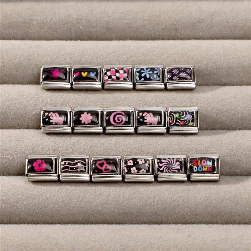 Schönes schwarzes Druckdesign Hase Katze Hund Blumen Herz Y2K Italienischer Charms Glieder Passend für 9mm Edelstahlarmband DIY Herstellung