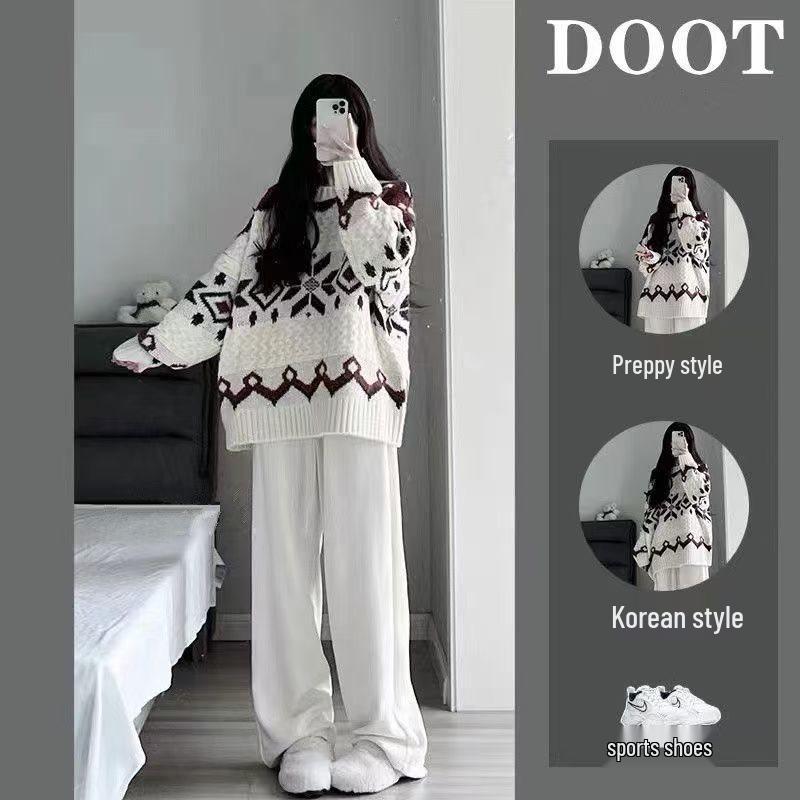 Women's Spring Academy-Style Knit Sweater & Wide-Leg Pants Two-Piece Set