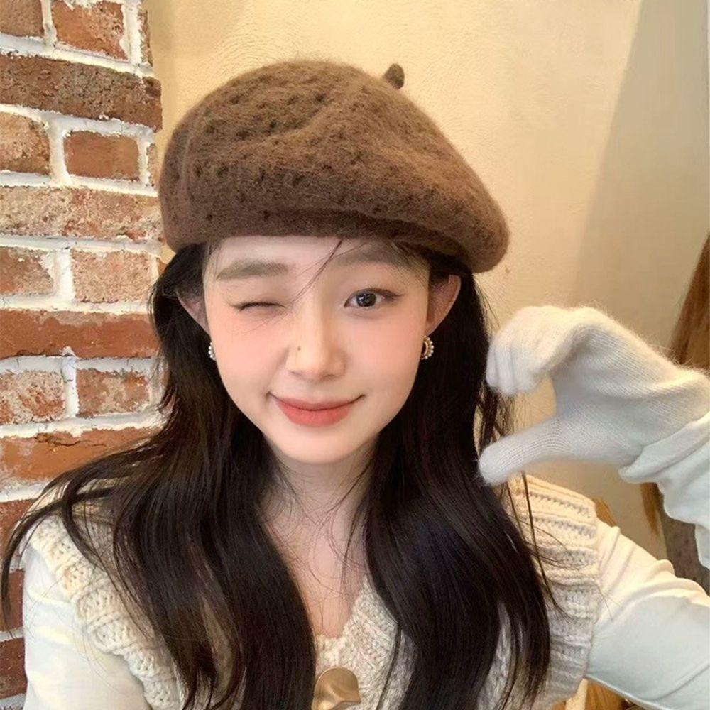 Solid Color Beret Hat Hollow Out Hollow Out Hat Stylish Double Layer Beret Autumn Winter