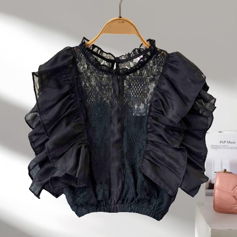 Mote Sommer Blonder Patchwork Skjorte Dame Heklet Hul Ståkrage Plissert Kortermet Bluse Elegant Casual Ensfarget Topper 3507