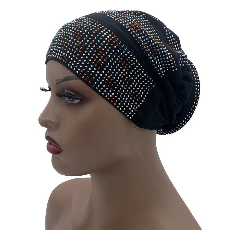 

New Women Full Diamonds Donut Turban Cap Elastic Muslim Hijab Bonnet Hat Ladies Headband Turbans African India Caps
