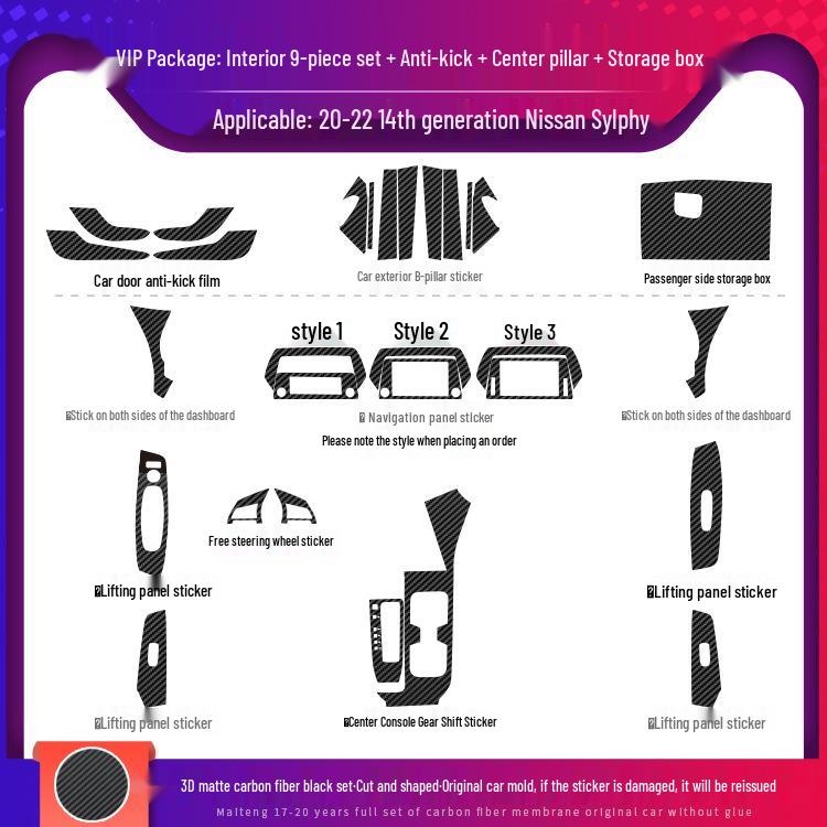 14th Gen Sylphy Interior Carbon Fiber Decals: Center Console & Anti-Kick Door Protectors (2020-2022)