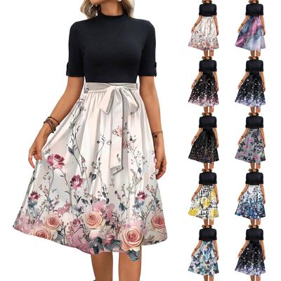 Women's Fashion Casual Belt Short Sleeve Round Neck Floral Elegant Temperament Dress