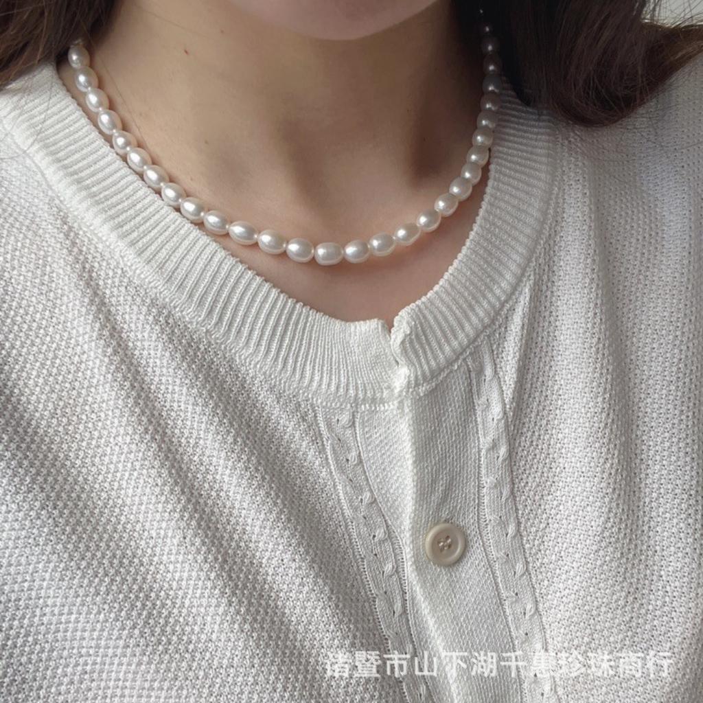 Freshwater Pearl Necklace78mm Rice Grain Slightly Flawed Clavicle Chain, Feminine, Simple, and Elegant, with Subtle Imperfections from Zhuji