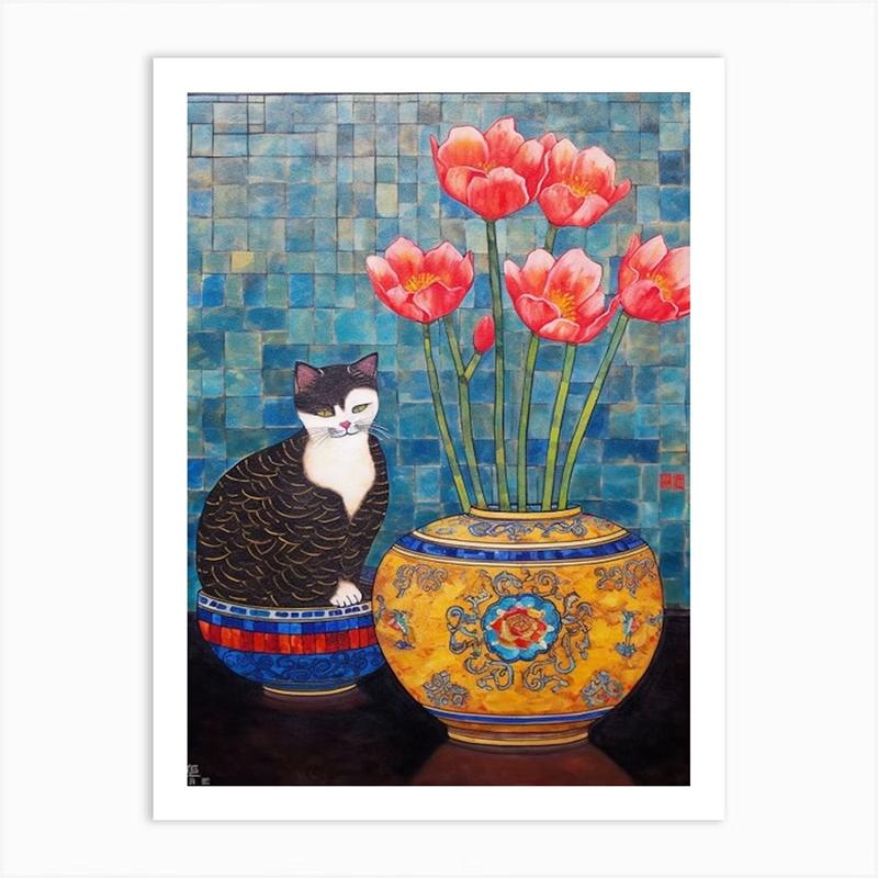 Vintage Bouquet Flower Lotus Lilies With A Cat Art Nouveau Klimt Style Art Print Poster Canvas Painting Wall Picture Room Decor