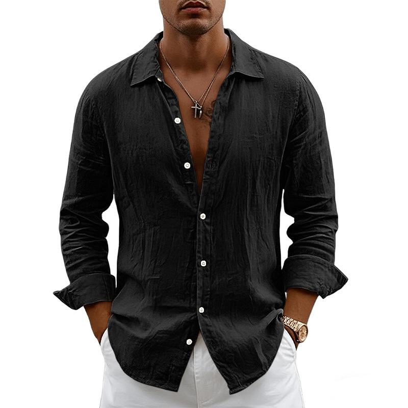 New Men's Solid Color Long Sleeve Shirt Linen Cotton Shirts Trend Plus-size Lapel Collar Casual Lightweight Beach Tops