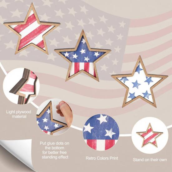 4th of July Rustic Star Wooden Sign, Vintage Star Shaped Block Sign, Patriotic Tiered Tray Centerpiece for Memorial Day, Independence Day Home Table