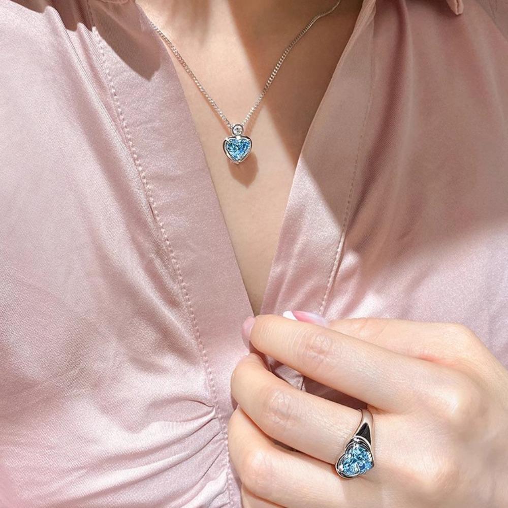 Women Jewelry Set 2ct Blue Diamond Heart Ring Aquamarine Pendant Necklace Artificial Gemstone Elegant Gift