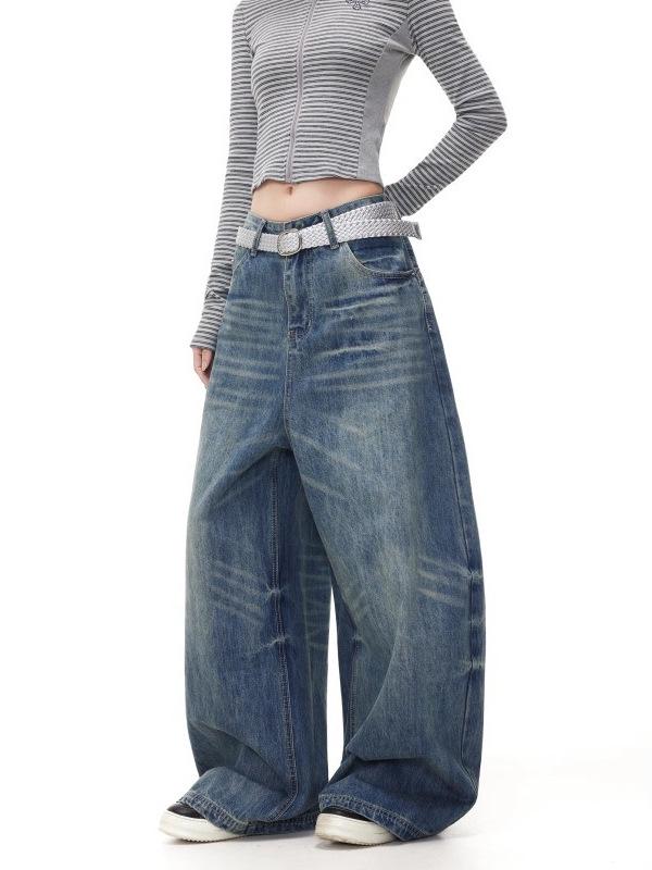 Unisex Retro Denim Wide-Leg Jeans – Trendy, Loose, Distressed Floor-Length Silhouette for Autumn